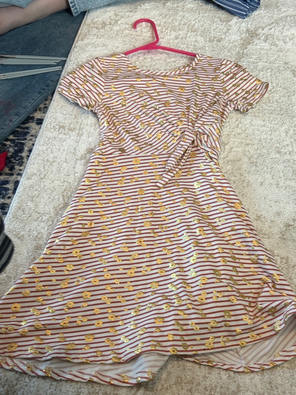 Girls' Pink Striped Dress with Gold Floral Accents